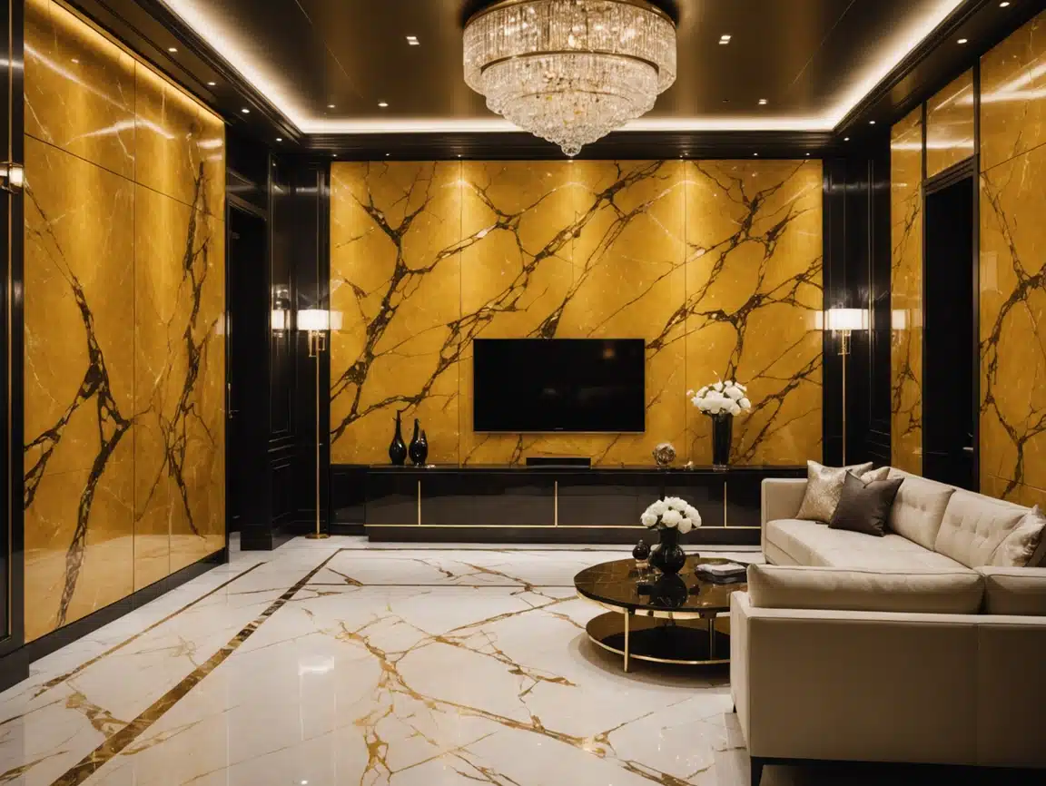 High Glossy Soundproof Golden Marble Wall Panels PVC