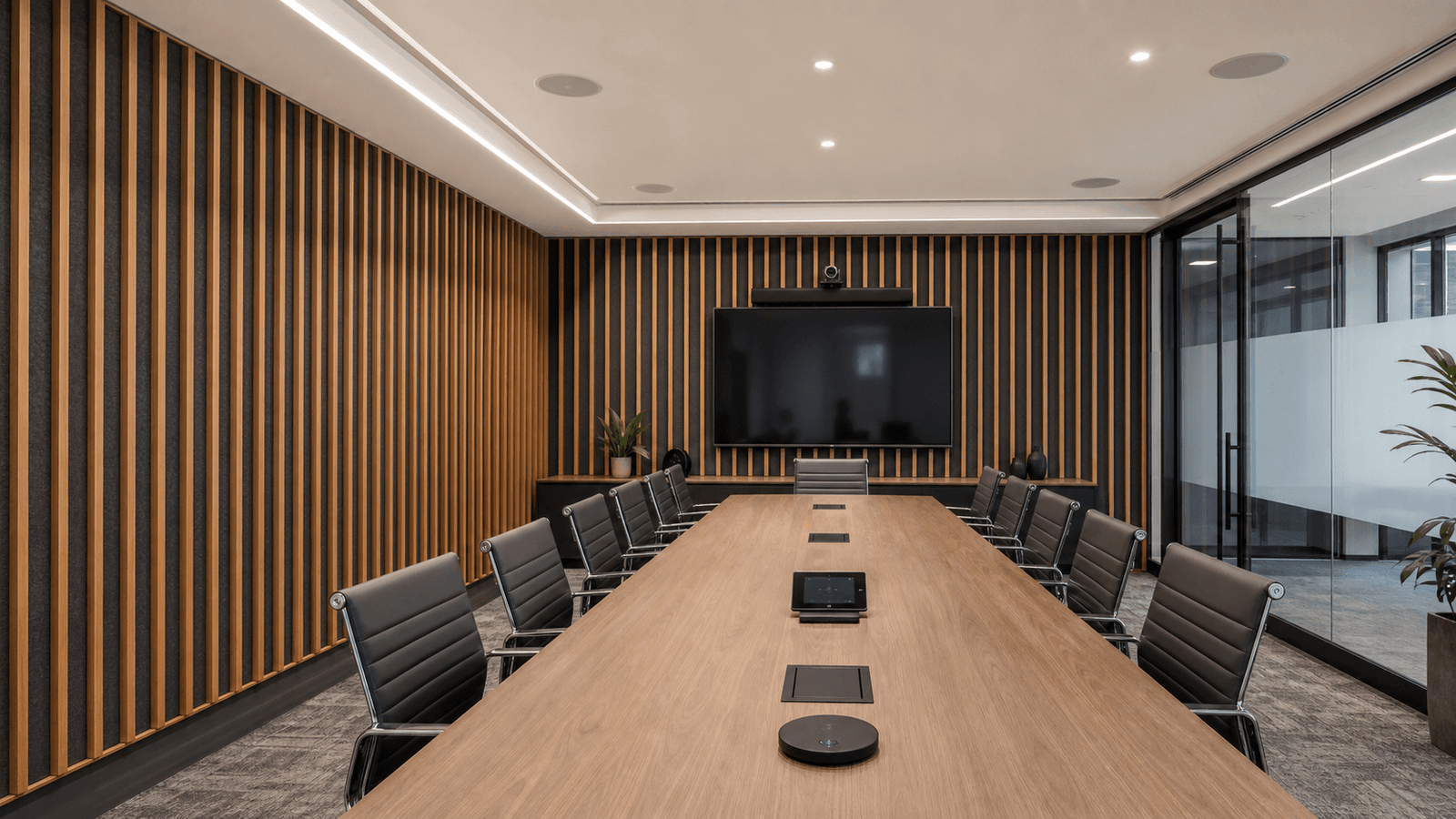 Acoustic panels installed around the AV system in a modern meeting room