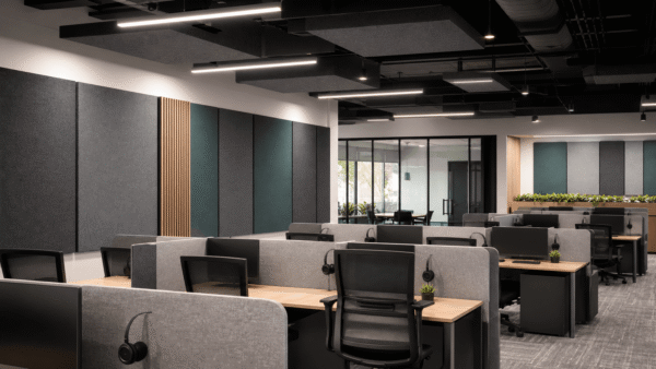 Acoustic Panels for Open-Plan Call Center Acoustic panels installed in an open-plan call center with wall panels and ceiling baffles