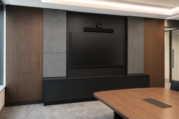 Bamboo Charcoal Panels for Corporate Boardroom AV Walls Bamboo charcoal panels installed around a corporate boardroom AV wall