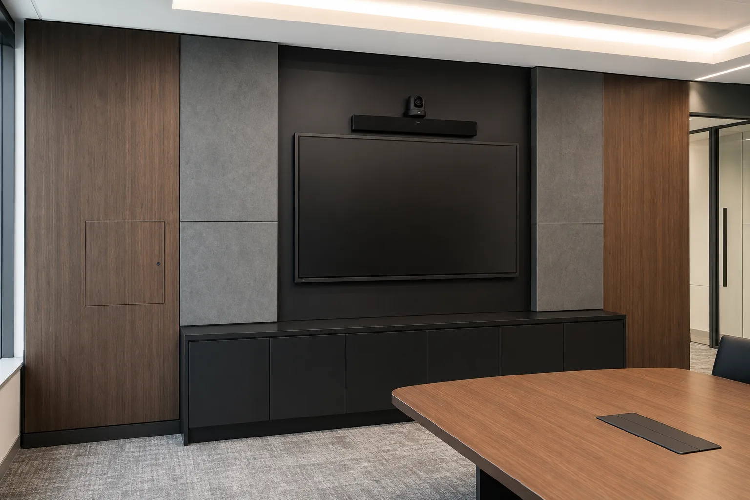 Bamboo charcoal panels installed around a corporate boardroom AV wall