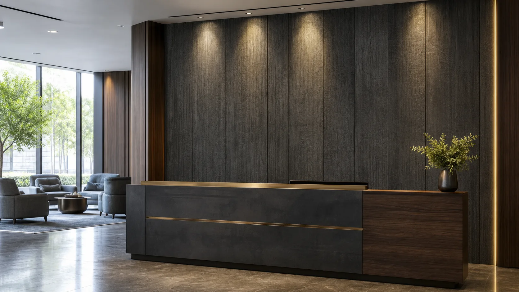 Bamboo charcoal panels used on a commercial reception feature wall with a modern reception desk