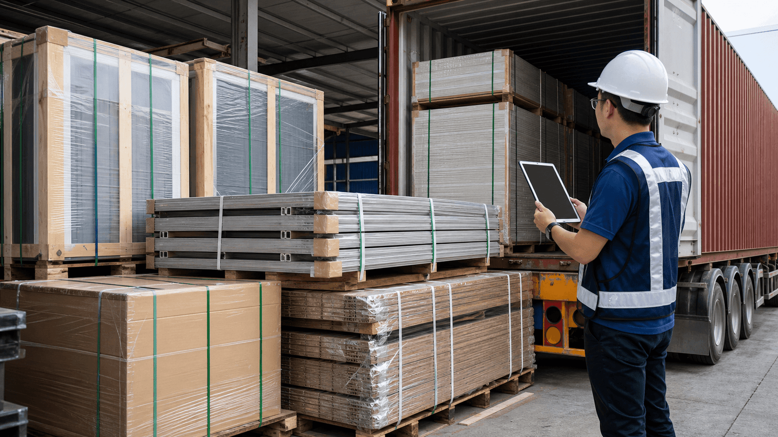 Inspector verifying export packing before decorative building materials container loading