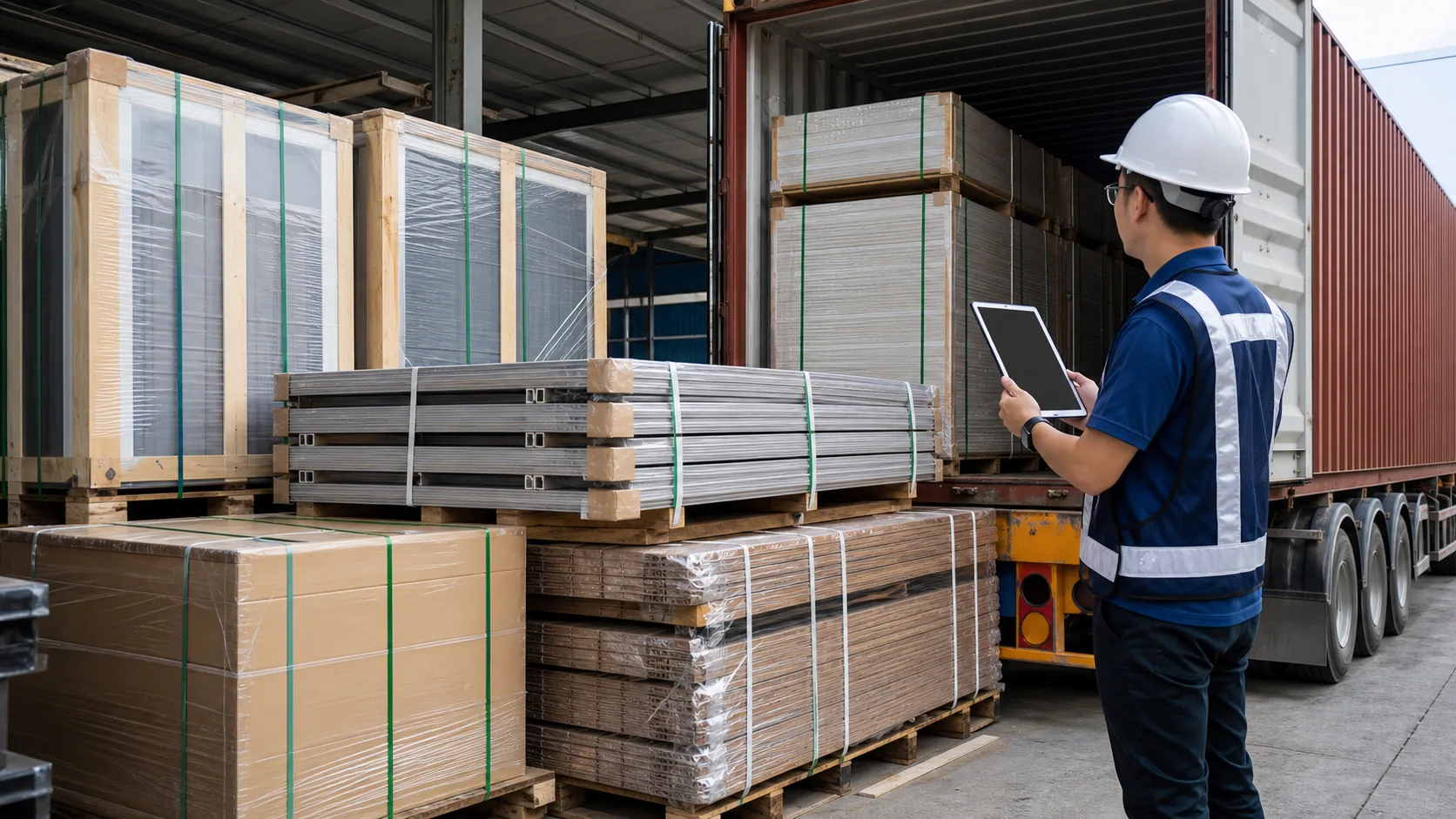 Inspector verifying export packing before decorative building materials container loading