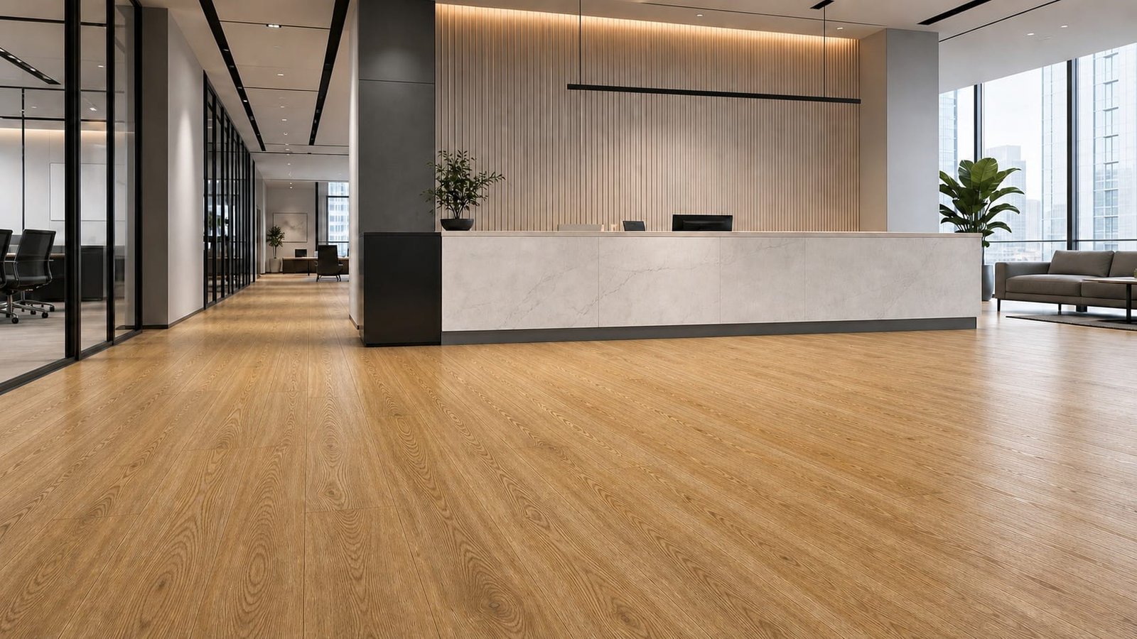 SPC flooring for commercial fit-out projects in a modern office reception area