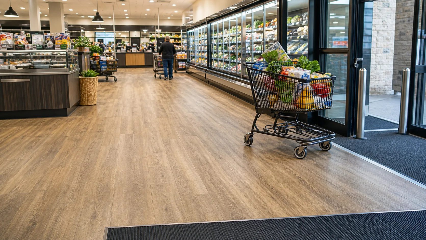 SPC flooring in a supermarket aisle with trolley traffic and entrance matting