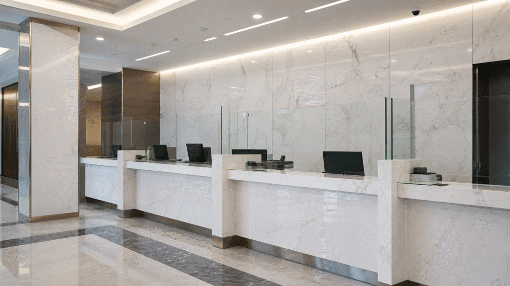 UV Marble Sheets for Bank Branch Rollouts: Pattern Control, Counter Interfaces, Security Fixtures, and Replacement Planning