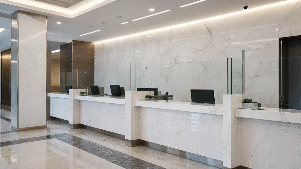 UV Marble Sheets for Bank Branch Rollouts: Pattern Control, Counter Interfaces, Security Fixtures, and Replacement Planning