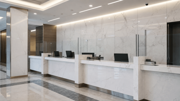 UV Marble Sheets for Bank Branch Rollout UV marble sheets installed in a modern bank branch counter area