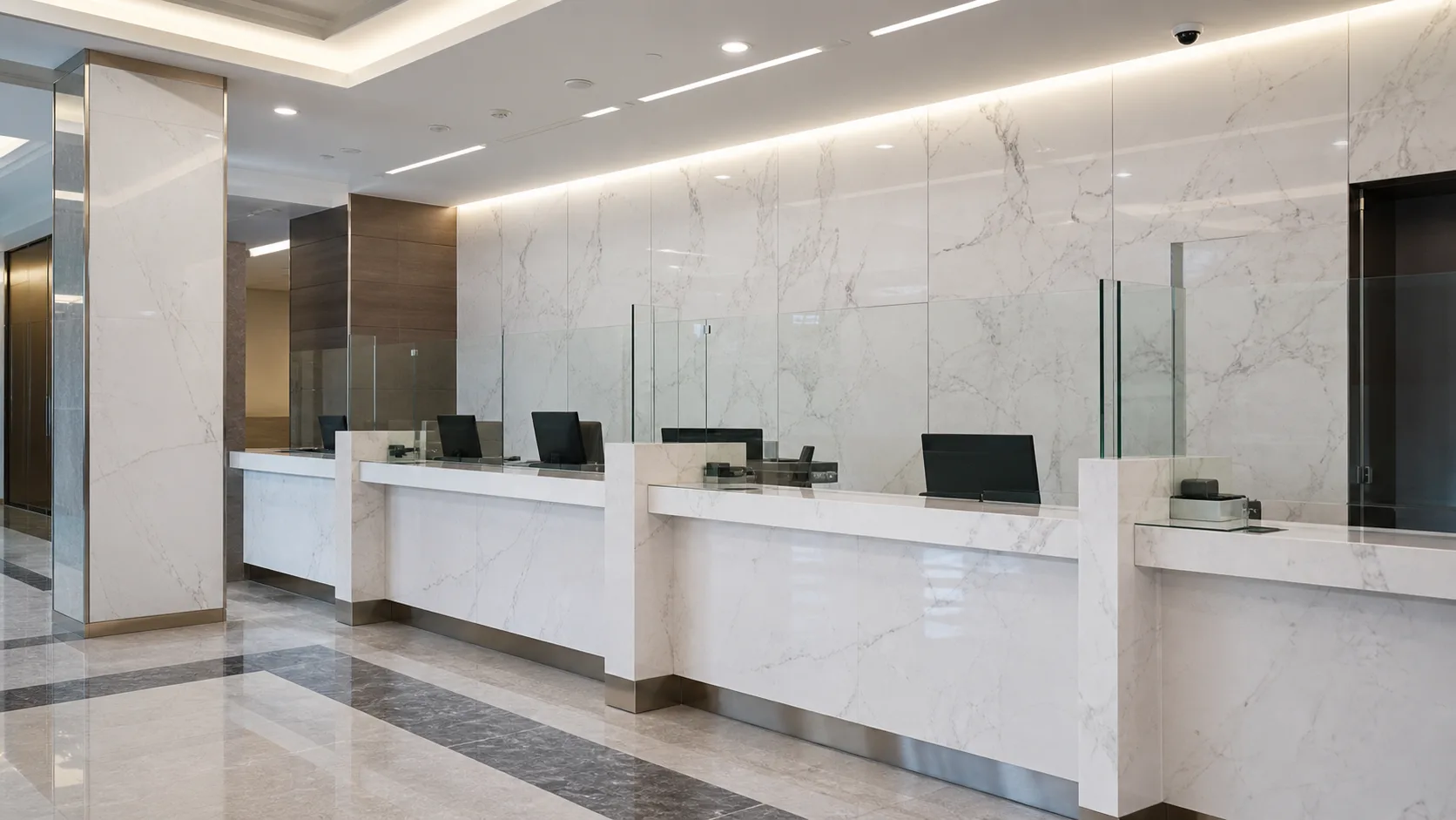 UV marble sheets installed in a modern bank branch counter area