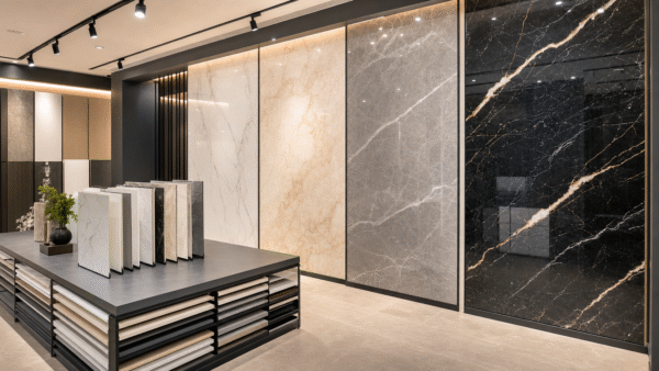 UV Marble Sheets for Distributor Showroom Display UV marble sheets displayed in a distributor showroom for B2B wall panel selection