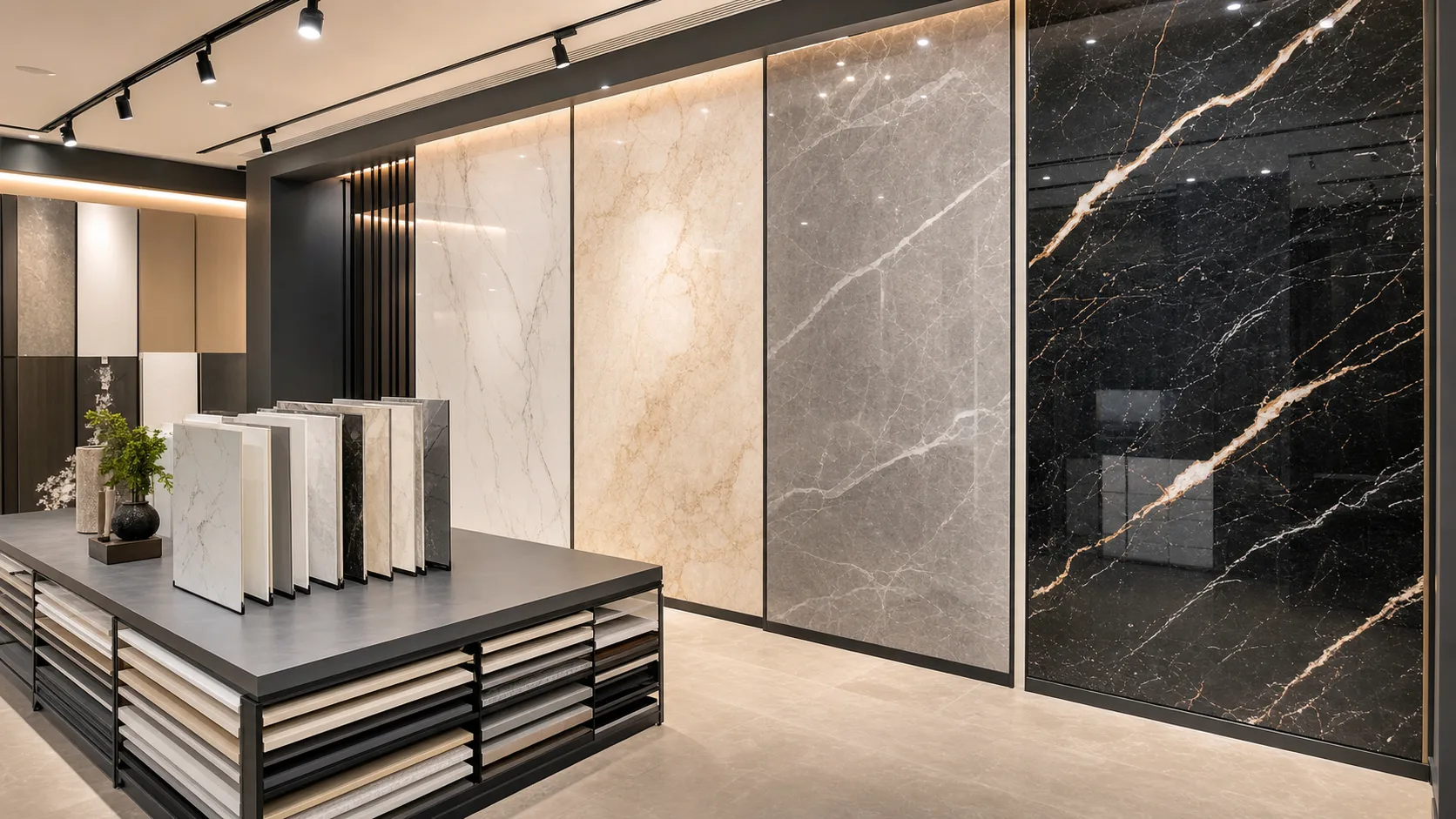 UV marble sheets displayed in a distributor showroom for B2B wall panel selection