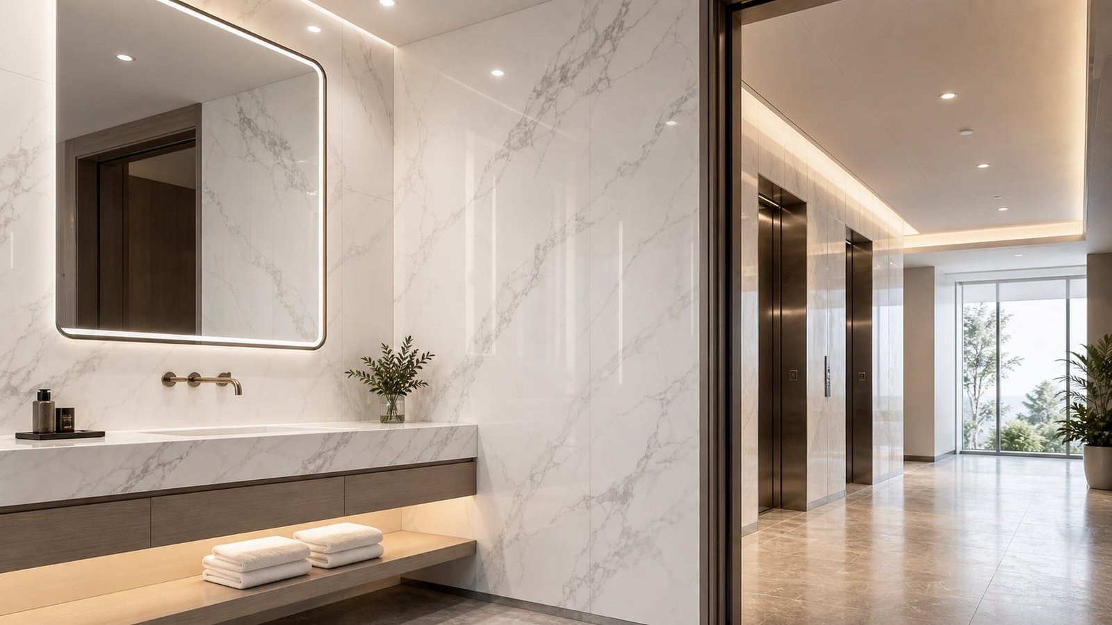 UV marble sheets installed in a hotel bathroom and lobby wall project