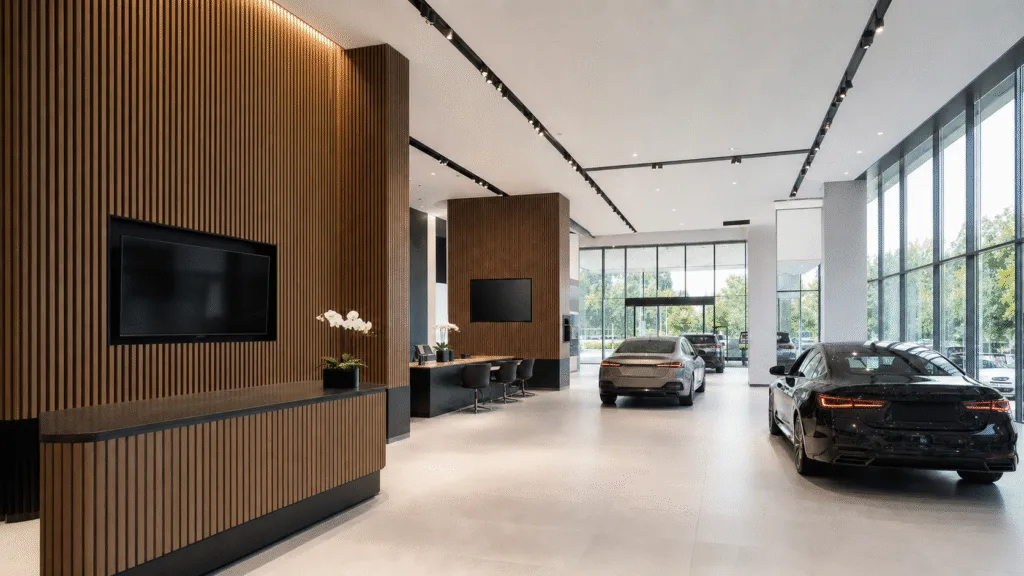WPC wall panels installed in an unbranded modern car dealership showroom