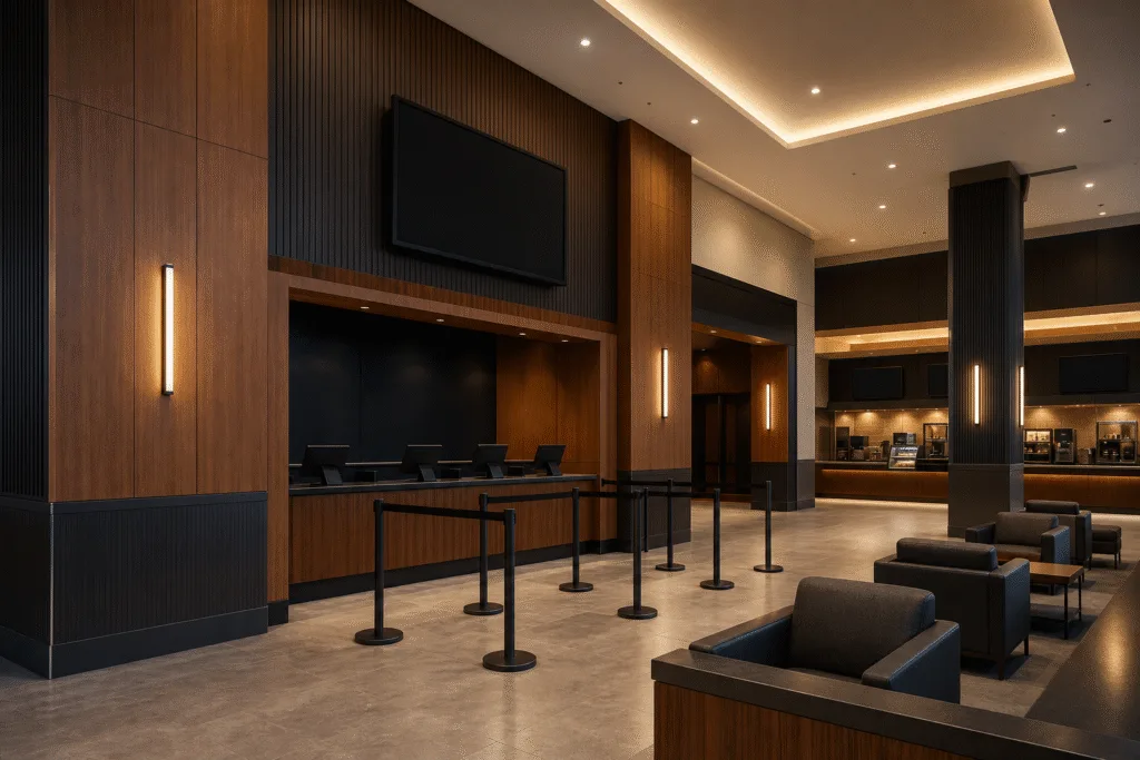 WPC wall panels in a modern cinema lobby