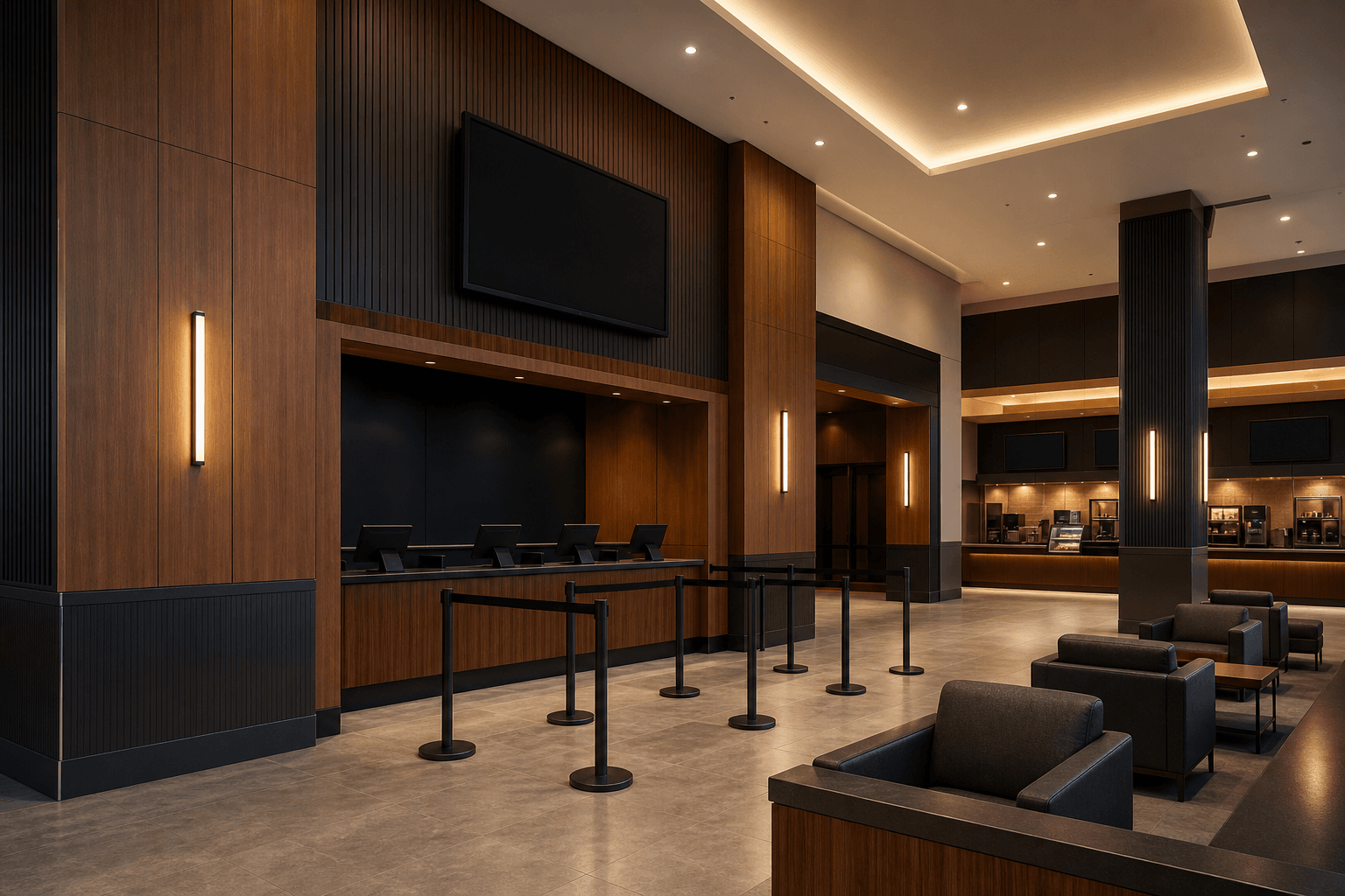 WPC wall panels in a modern cinema lobby