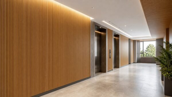 WPC Wall Panels Hotel Corridor Project WPC wall panels installed in a hotel corridor for commercial interior projects