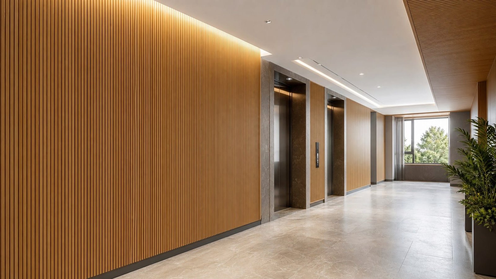 WPC wall panels installed in a hotel corridor for commercial interior projects