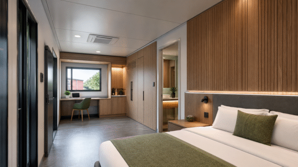 WPC Wall Panels for Modular Fit-Out Project WPC wall panels installed in a modular prefabricated interior with clean wood-look wall cladding