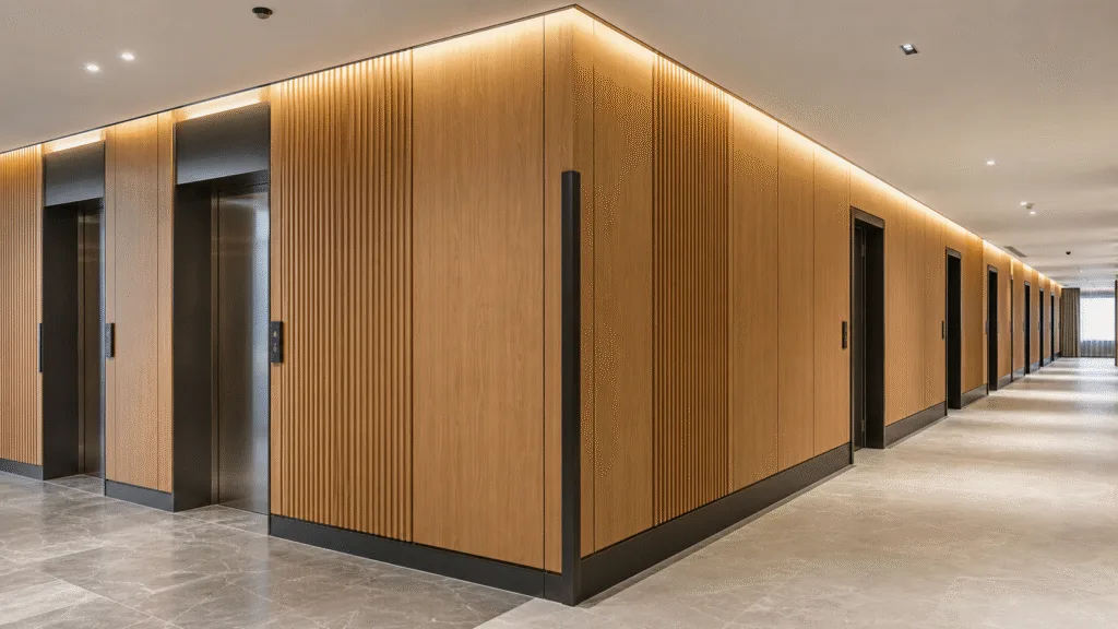 WPC wall panels installed along a commercial interior corridor