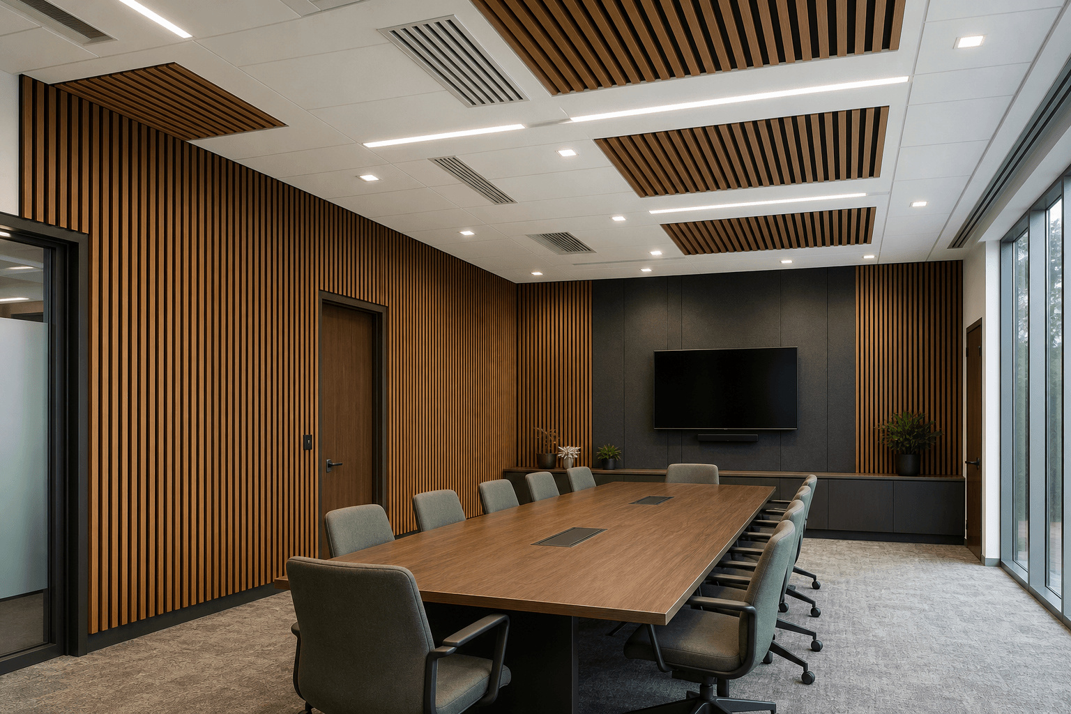 Acoustic panels installed in a commercial conference room