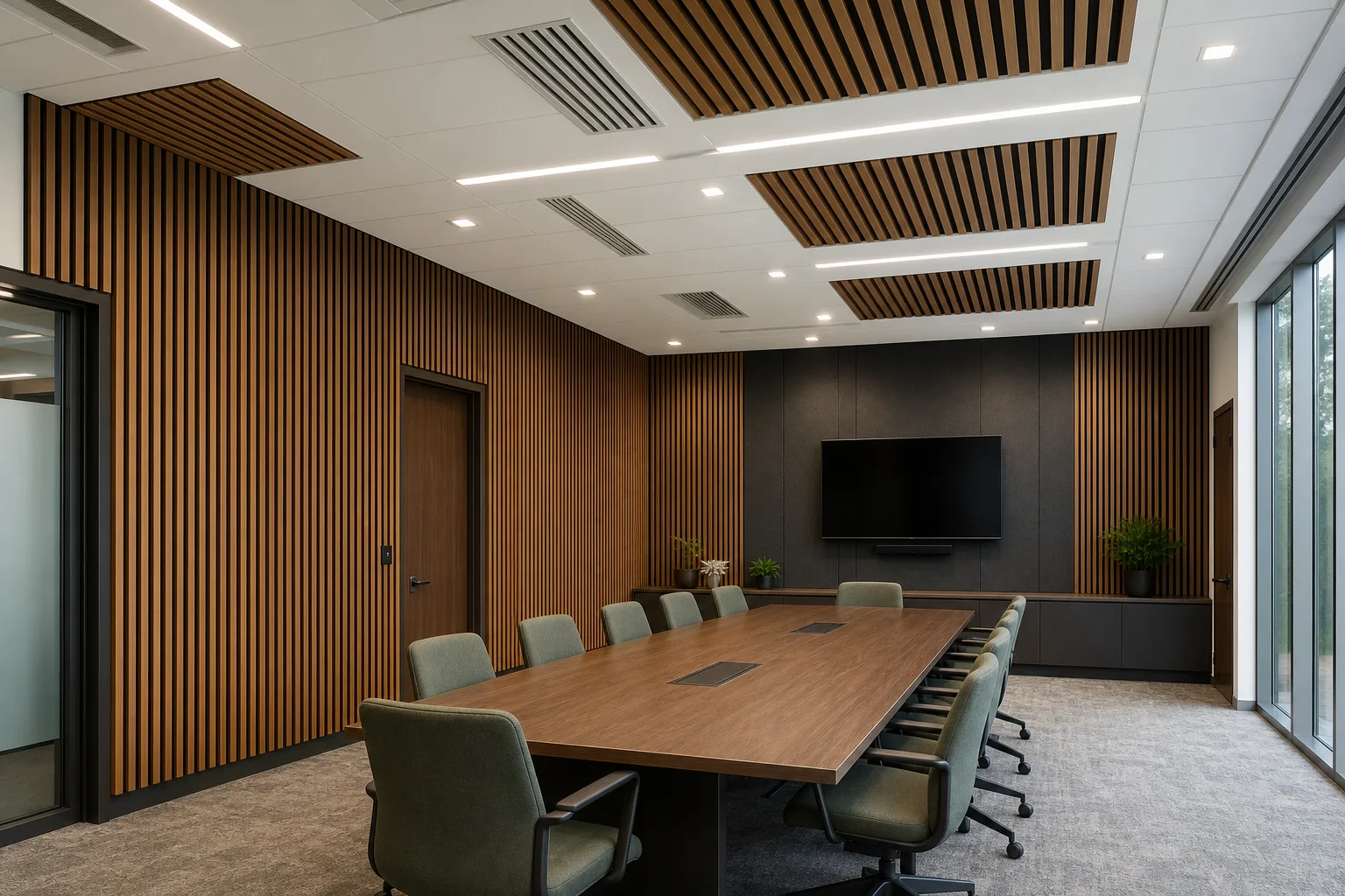 Acoustic panels installed in a commercial conference room