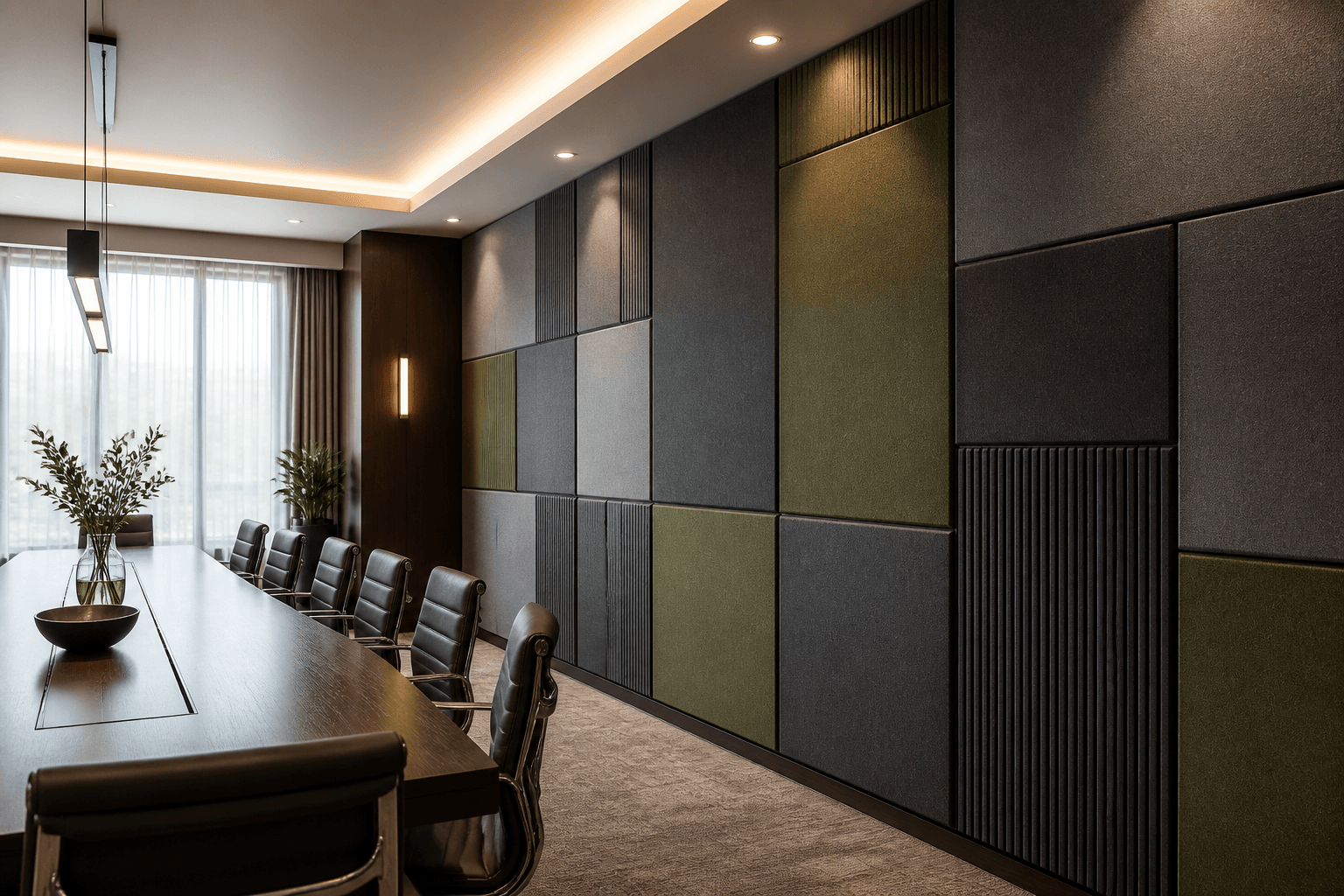 Acoustic panels installed on a modern conference room feature wall