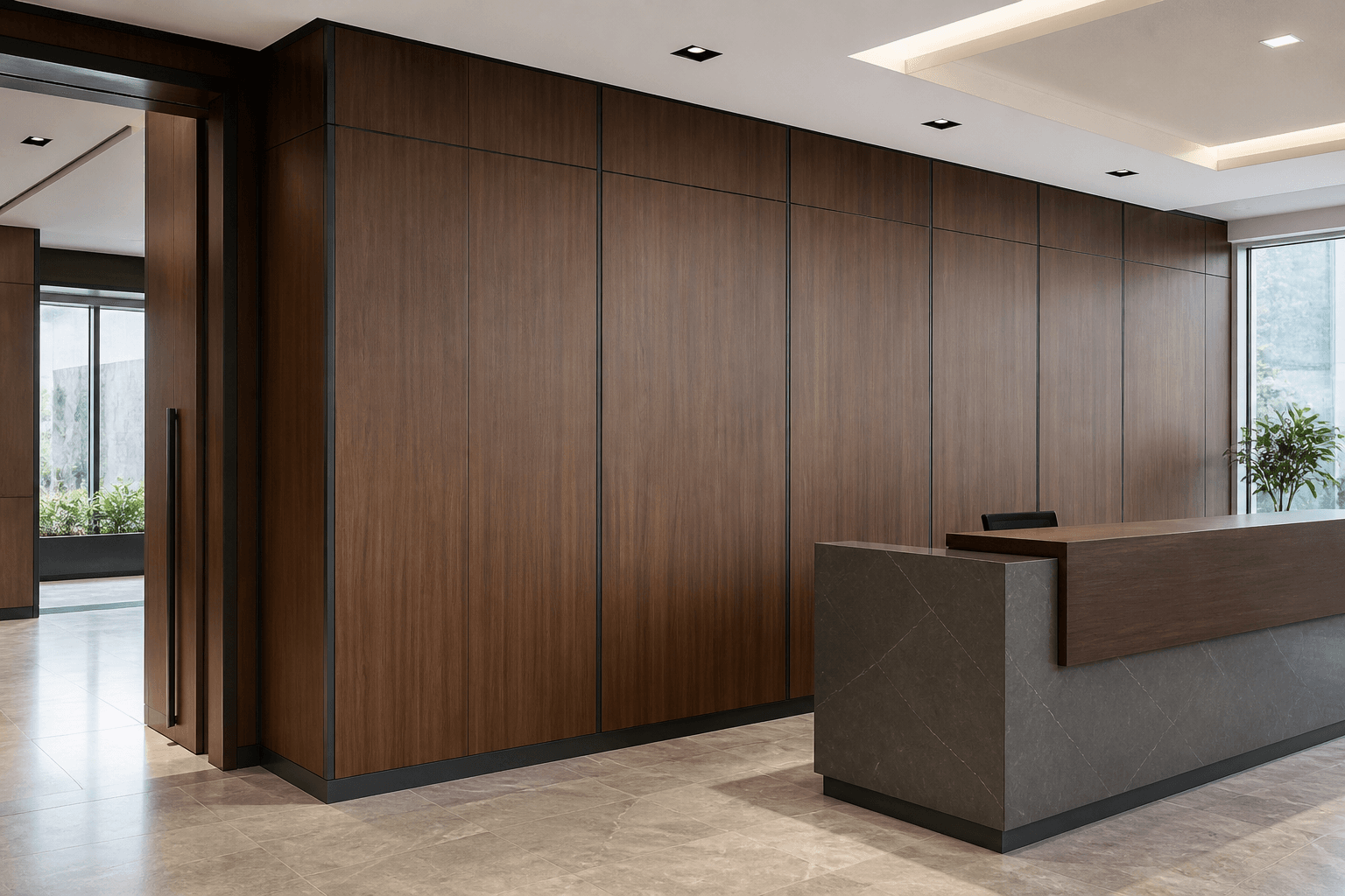 Bamboo charcoal panels used for commercial reception wall cladding