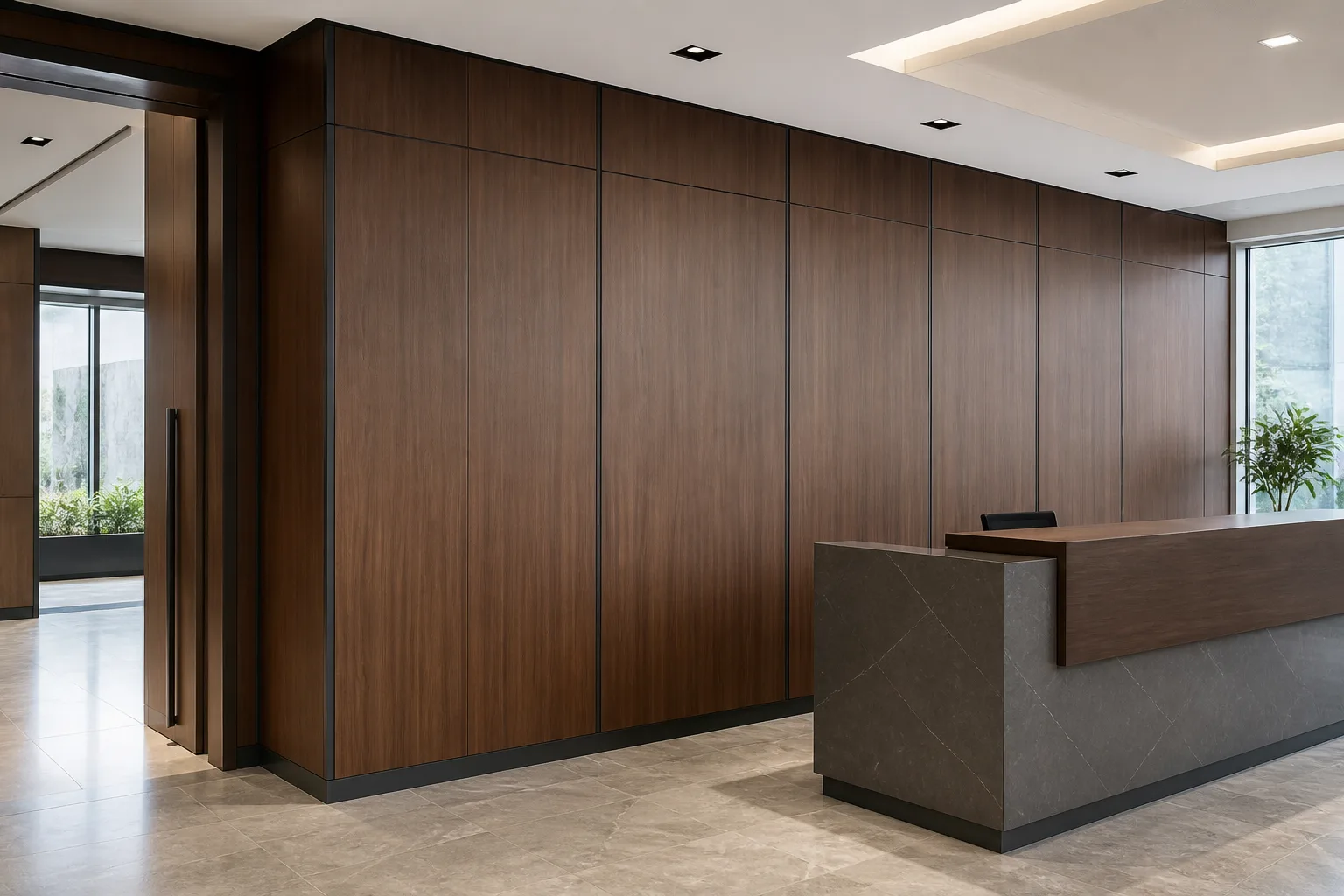 Bamboo charcoal panels used for commercial reception wall cladding