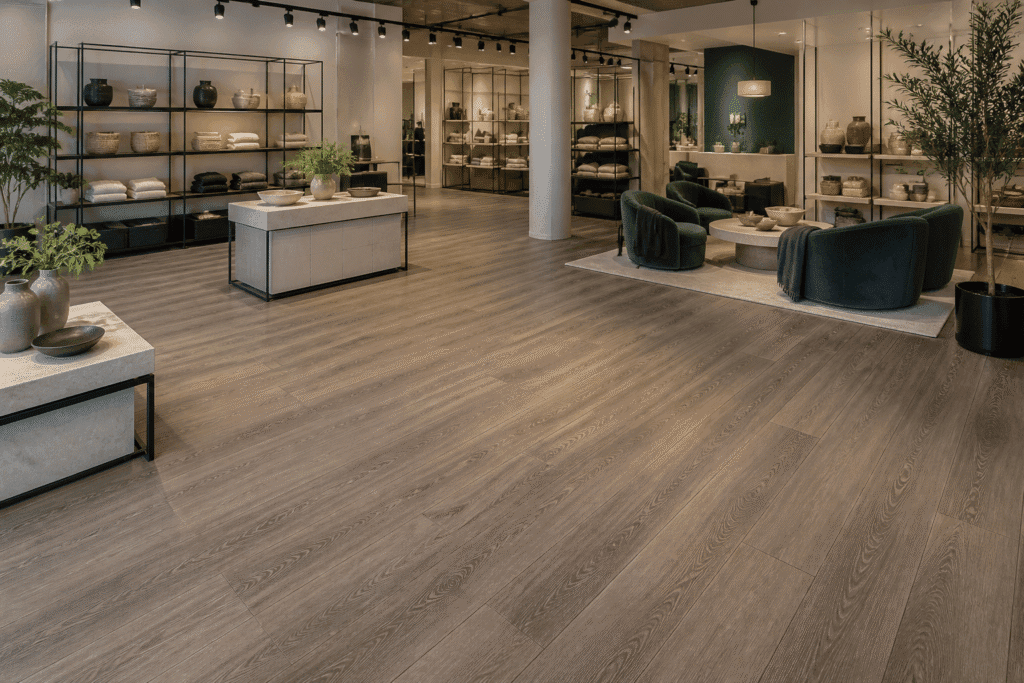 SPC flooring installed across a modern retail showroom