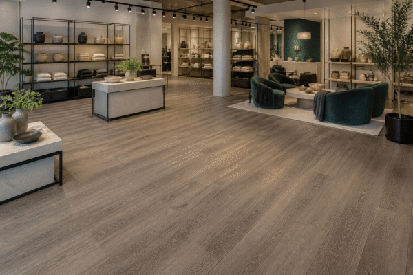 SPC flooring installed across a modern retail showroom