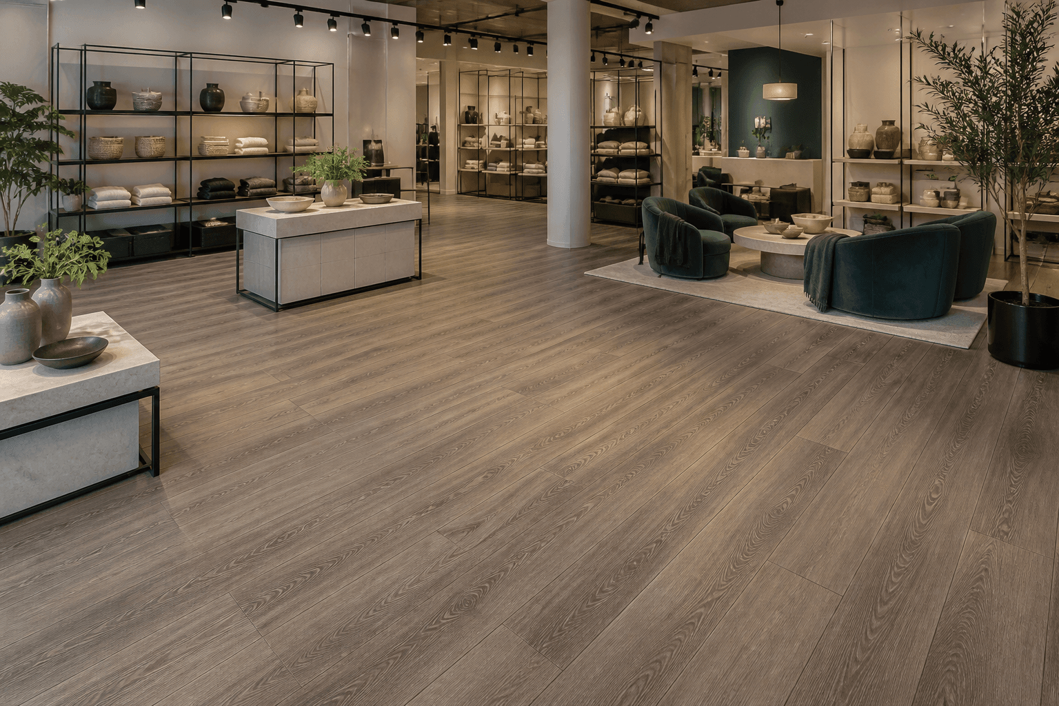 SPC flooring installed across a modern retail showroom