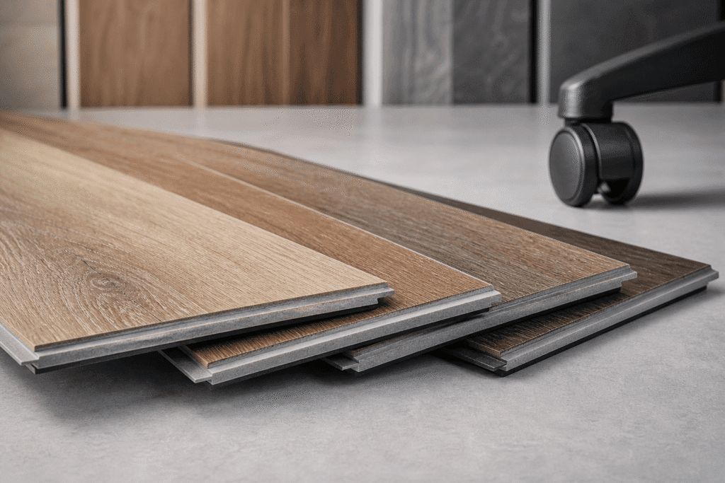 SPC flooring samples showing realistic wear layer and click-lock construction