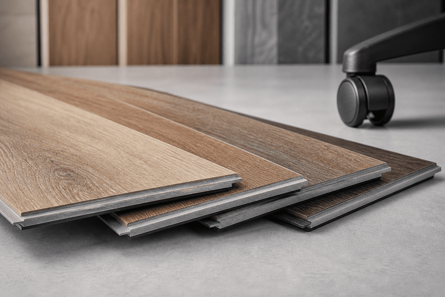 SPC flooring samples showing realistic wear layer and click-lock construction