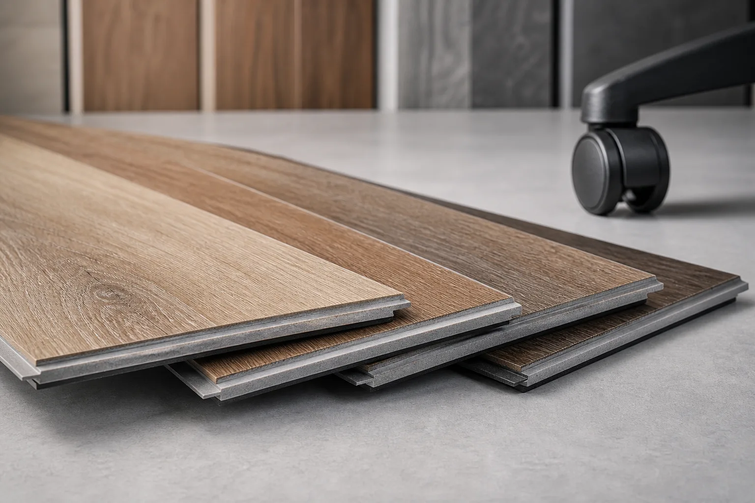 SPC flooring samples showing realistic wear layer and click-lock construction