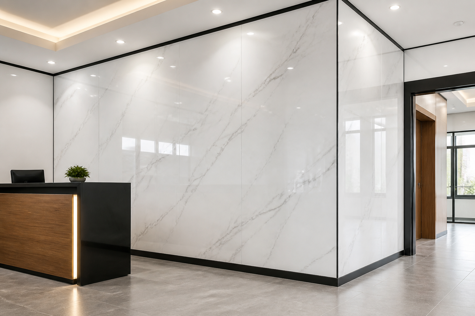UV marble sheets installed in a commercial wall renovation