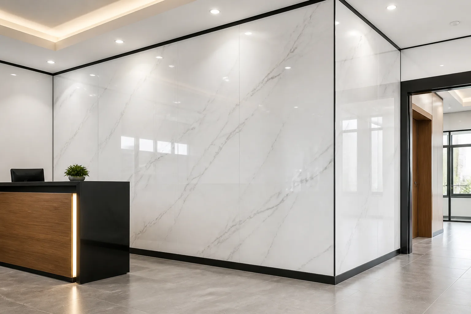 UV marble sheets installed in a commercial wall renovation