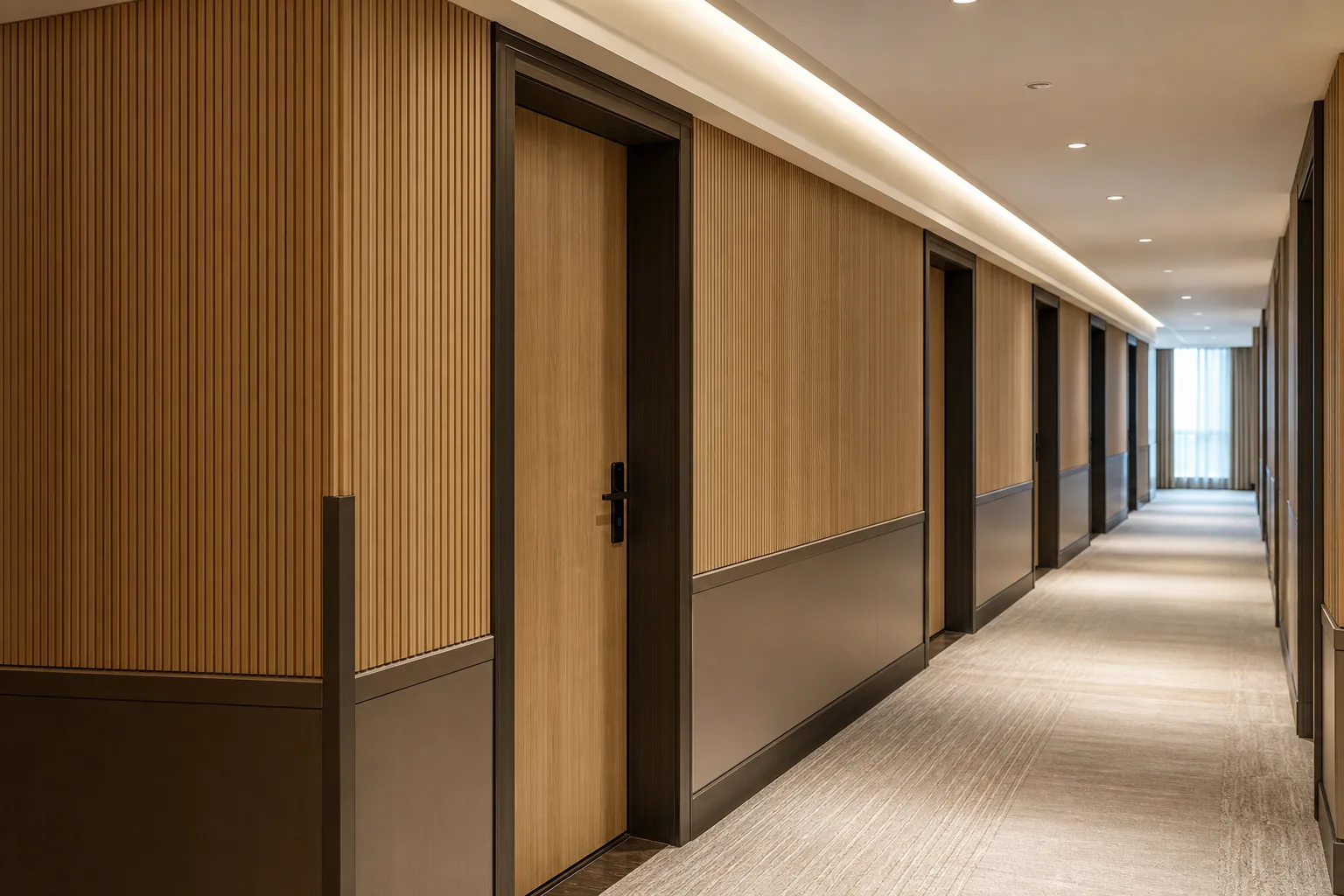 WPC wall panels installed in a hotel corridor renovation