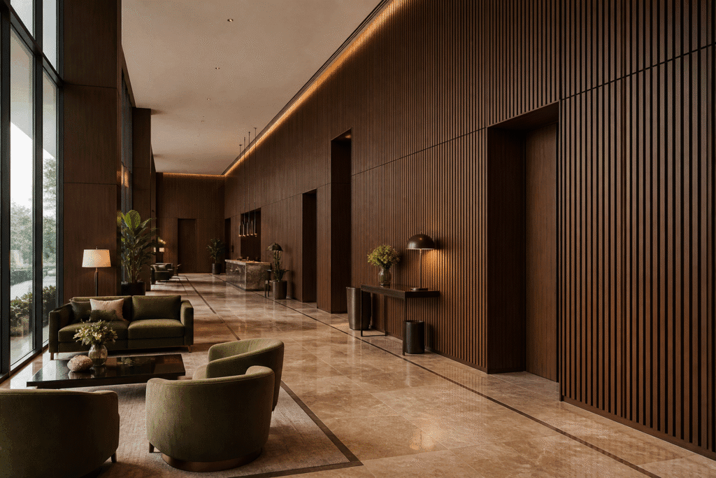 WPC wall panels installed along a modern hotel lobby feature wall