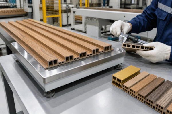 WPC wall panels undergoing weight and profile quality control in a factory