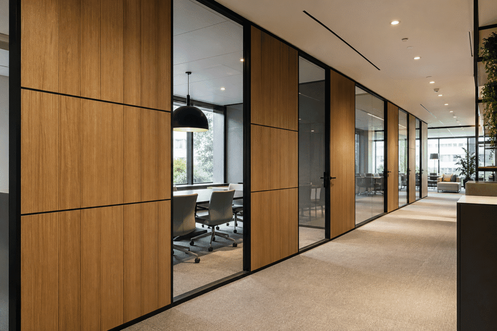 Bamboo charcoal panels on completed modular office partitions