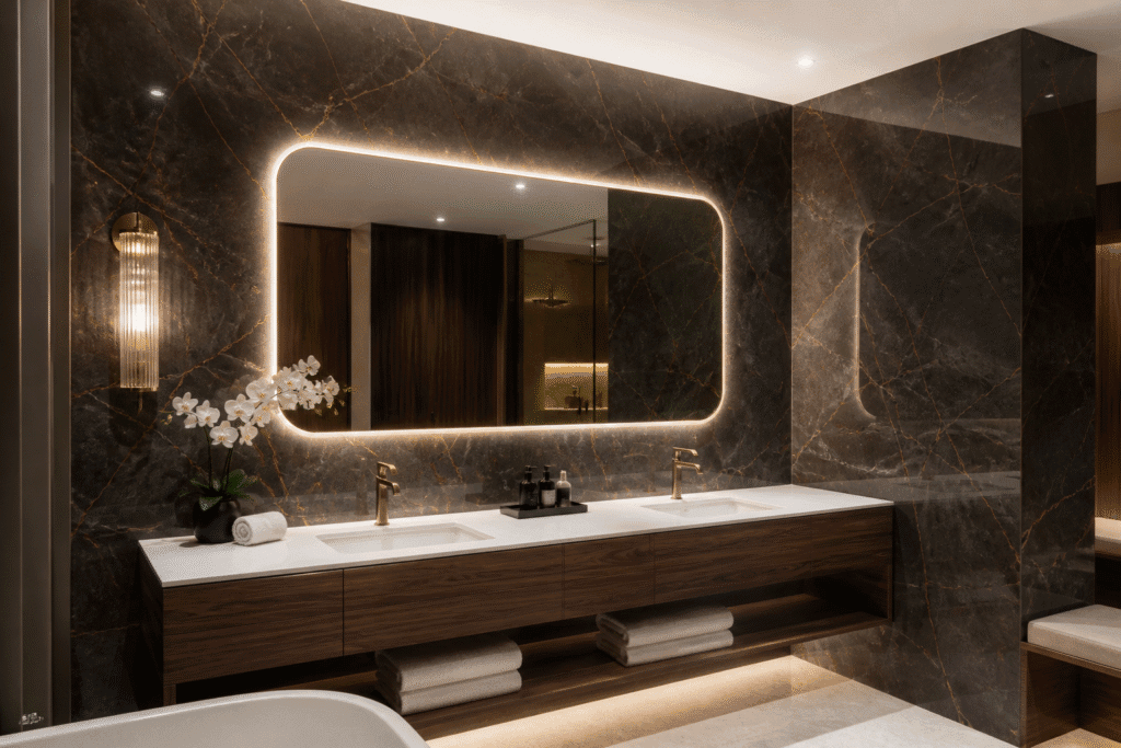 UV marble sheets behind a completed dark hotel bathroom vanity