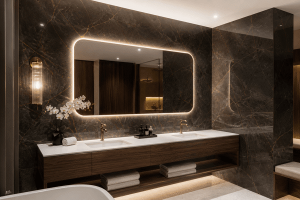 UV Marble Sheets for Hotel Vanity Walls UV marble sheets behind a completed dark hotel bathroom vanity
