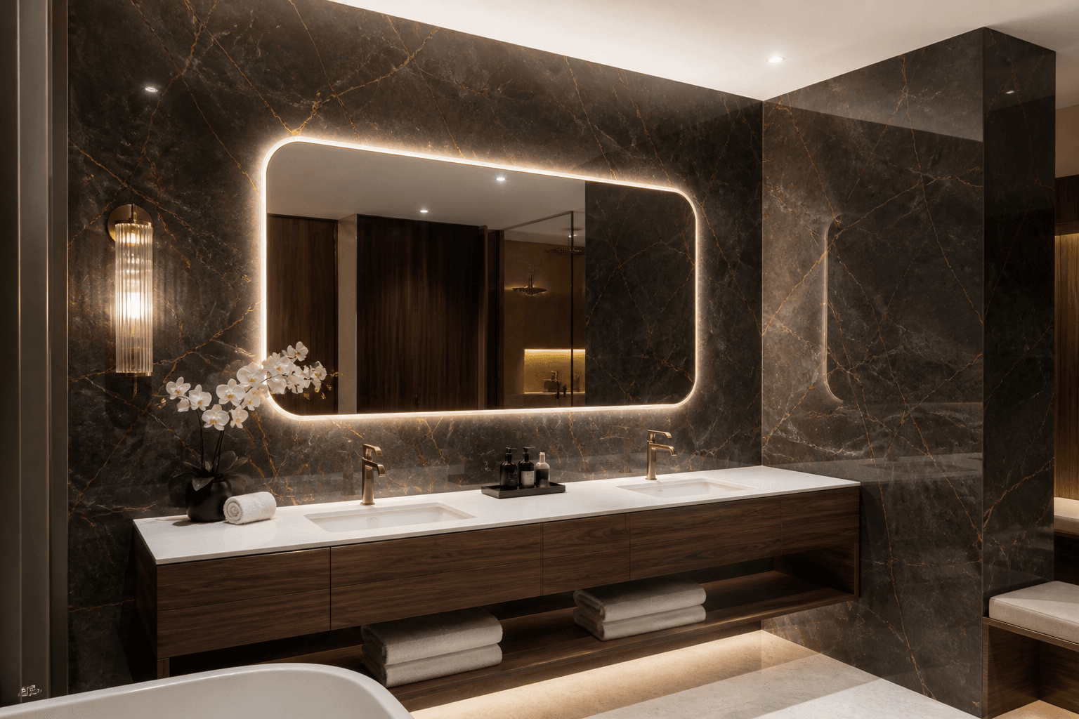 UV marble sheets behind a completed dark hotel bathroom vanity