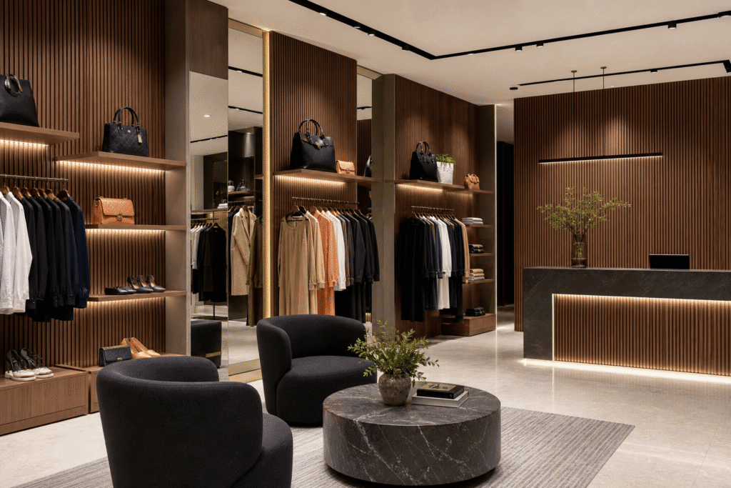 WPC wall panels in a completed luxury retail store interior