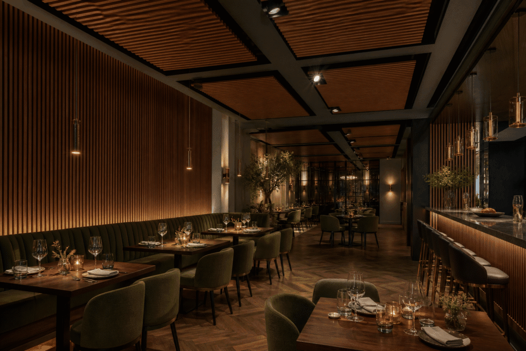 Acoustic panels across the walls and ceiling of a completed restaurant