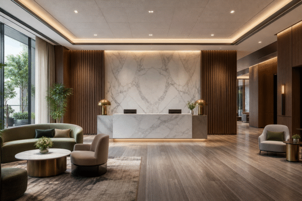 Decorative building materials coordinated across a completed hotel lobby