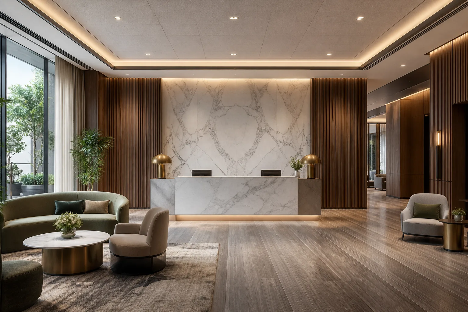 Decorative building materials coordinated across a completed hotel lobby