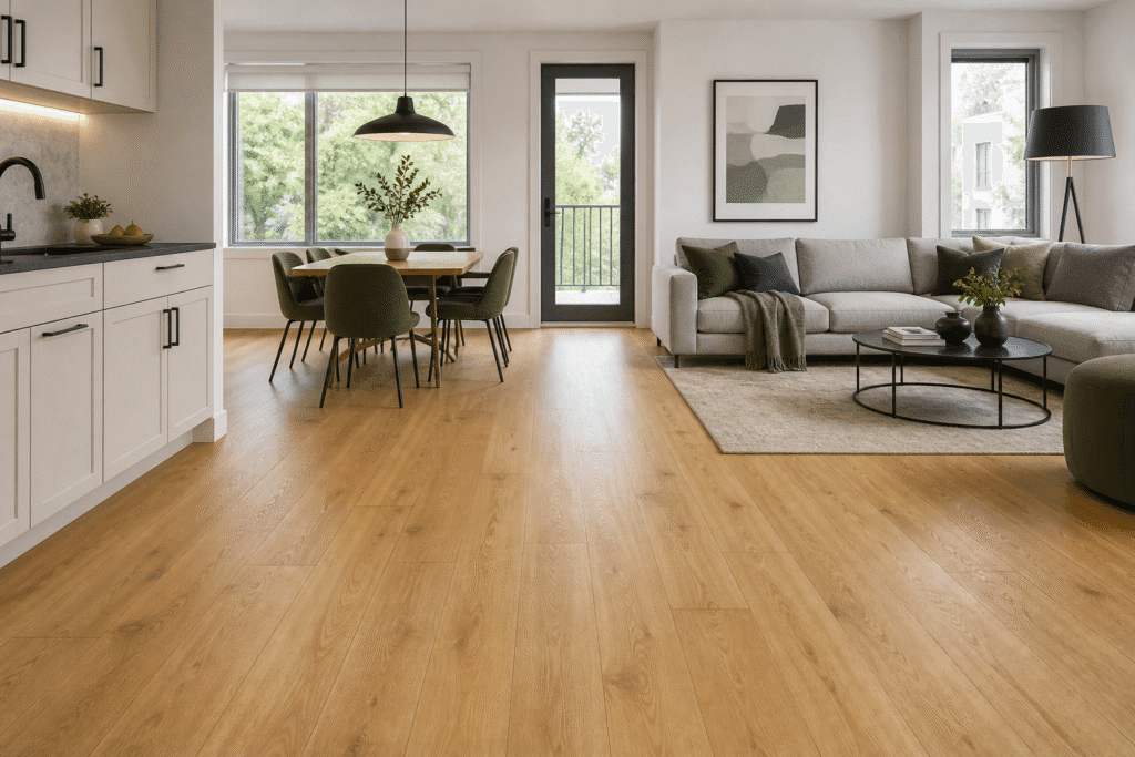 SPC flooring across a completed multifamily apartment living area
