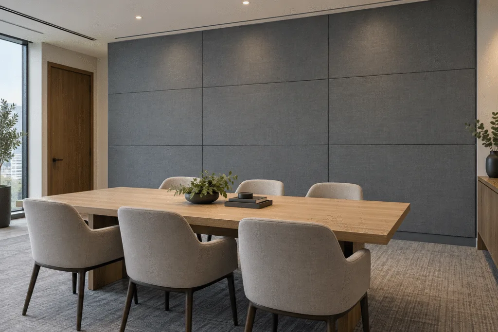 Gray fabric-faced acoustic wall panels behind a light oak meeting table and upholstered chairs in a finished boardroom